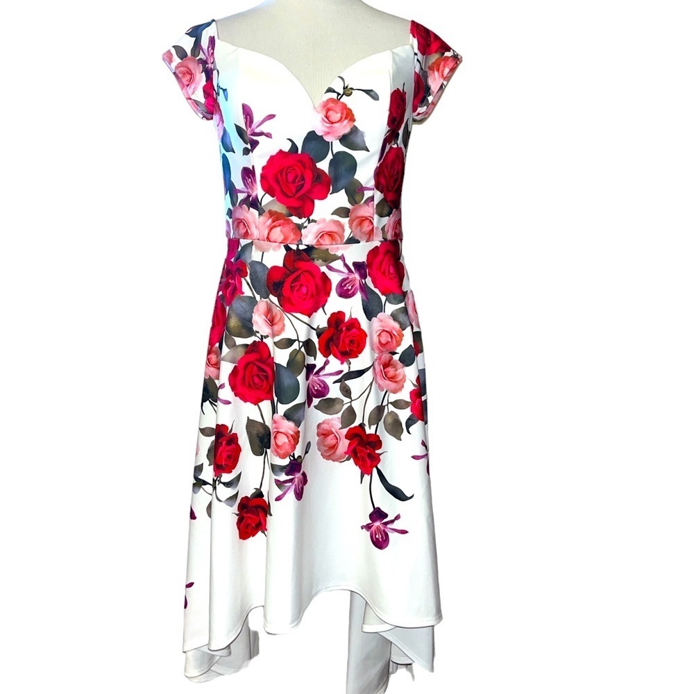 White high low dress, sweetheart neckline, rose print detailing, stretchy fabric
